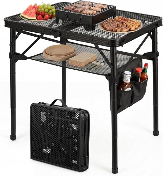 Folding Grill Table, 24"x16" Portable Camping Table with Storage Pocket, Heat Resistant & Waterproof Outdoor Picnic Table, Sturdy Lightweight for Travel Cooking BBQ, Camping, Backyard