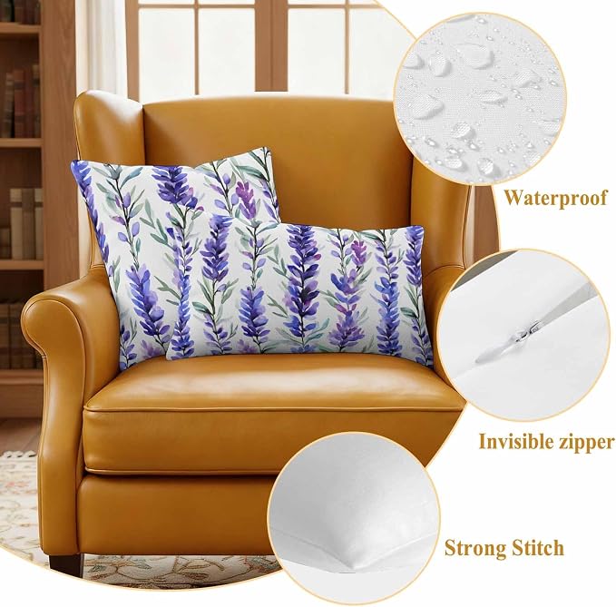 Outdoor Waterproof Pillow Covers 18x18Inch Spring Purple Lavender Throw Pillowcases for Patio Garden Couch Sofa Watercolor Floral Art Decorative Cushin Case,Pack of 2