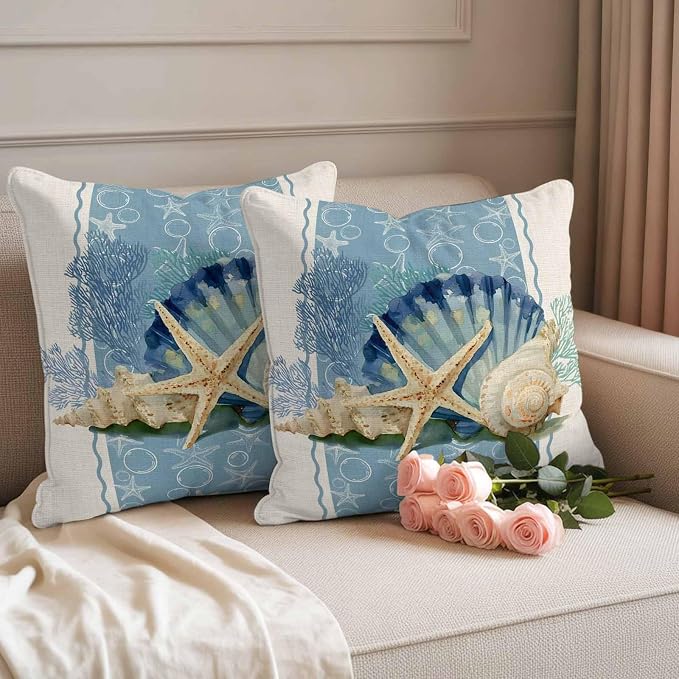 Coastal Oceans Waterproof Outdoor Pillow Covers Set of 2 Home Decor, Summer Beach Corals Shells Starfish Cotton Linen Pillowcase Patio Pillow Covers for Couch Bench Furniture Garden 20x20in