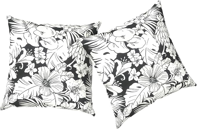 Outdoor Pillows with Insert 18x18 Inch, Waterproof Throw Pillow for Patio Furniture, Decorative Back Cushion for Garden Home Sofa Office Chair, Set of 2, Tropical Blossom Noir