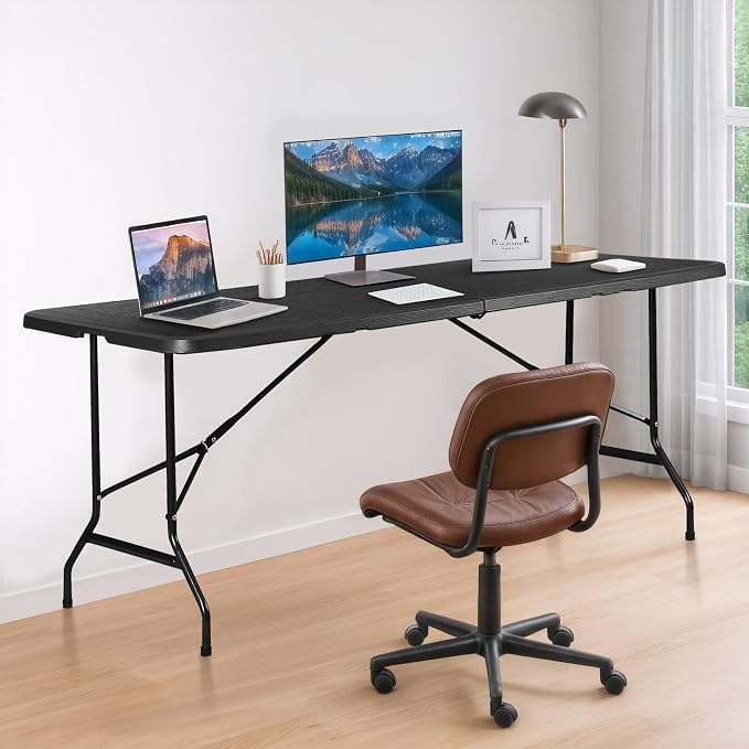 ZENY 6ft Portable Folding Table Plastic Indoor Outdoor Picnic Party Camp Dining Table with Handle (Black, 71" x 27")