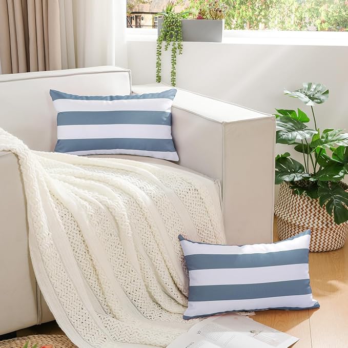 Lewondr 2 Pack Outdoor Throw Pillow Covers, 12"x20", Navy Blue + White | Lumbar Rectangle Stripe, Waterproof, For Outdoor Patio Porch Farmhouse Garden Balcony Couch, 30x50cm