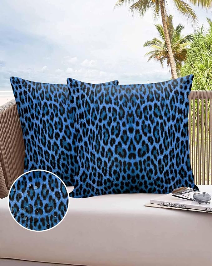 Vandarllin Outdoor Throw Pillows Covers 20x20 inch Set of 2 Waterproof Blue Leopard Print Decorative Zippered Cushion Covers for Patio Furniture, Retro Animal Fur Pattern Lumbar Pillowcases