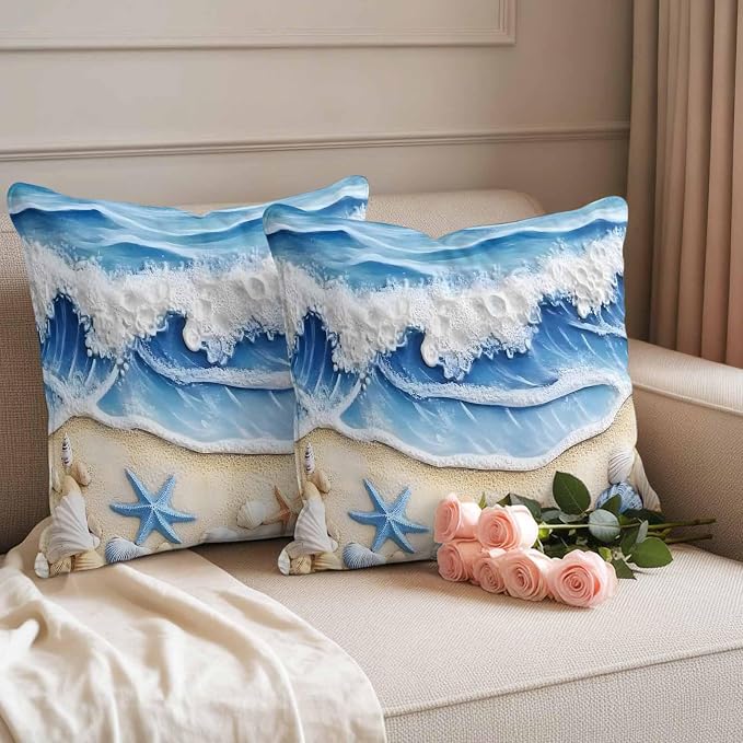 Summer Beach Outdoor Waterproof Throw Pillow Covers Set of 2, 16"x16", Seashell Starfish Nautical Coastal Decorative Pillow Covers Outside Cushion Case for Patio Porch Garden