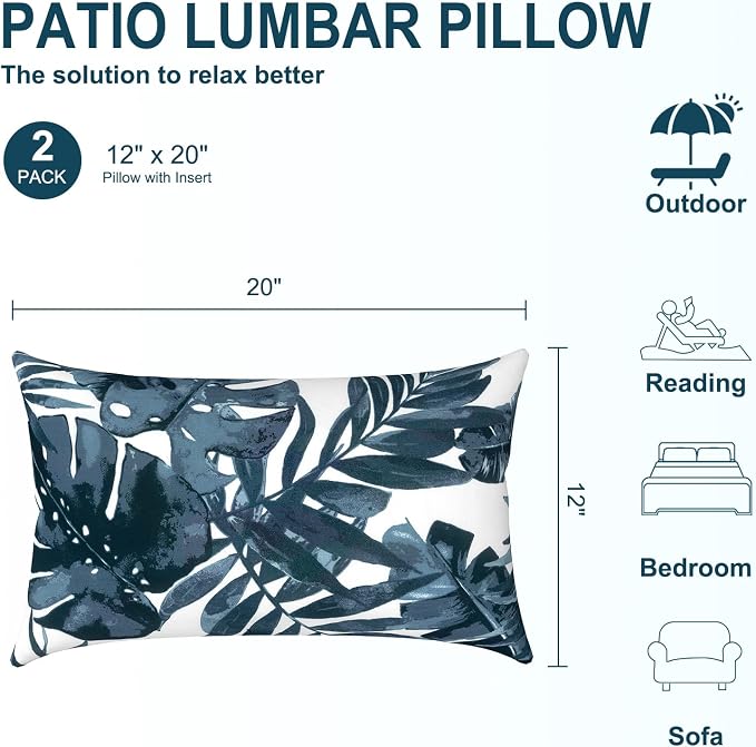 DYTXIII Pack of 2 Waterproof Outdoor Lumbar Pillow with Inserts, 12x20 in Rectangle Decorative Patio Throw Pillow for Home, Sofa,Bench and Patio Furniture, Palm Blue