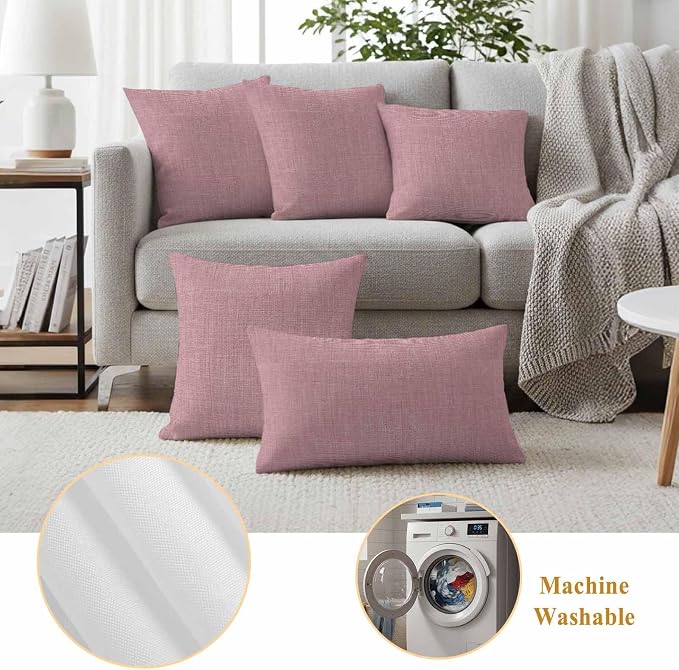 Outdoor Waterproof Throw Pillow Covers Set of 2 Pink Linen Pillowcases 18x18 Inches Farmhouse Pure Color Decorative Pillows Cushion Case Patio Pillows for Couch Bed Chair Garden