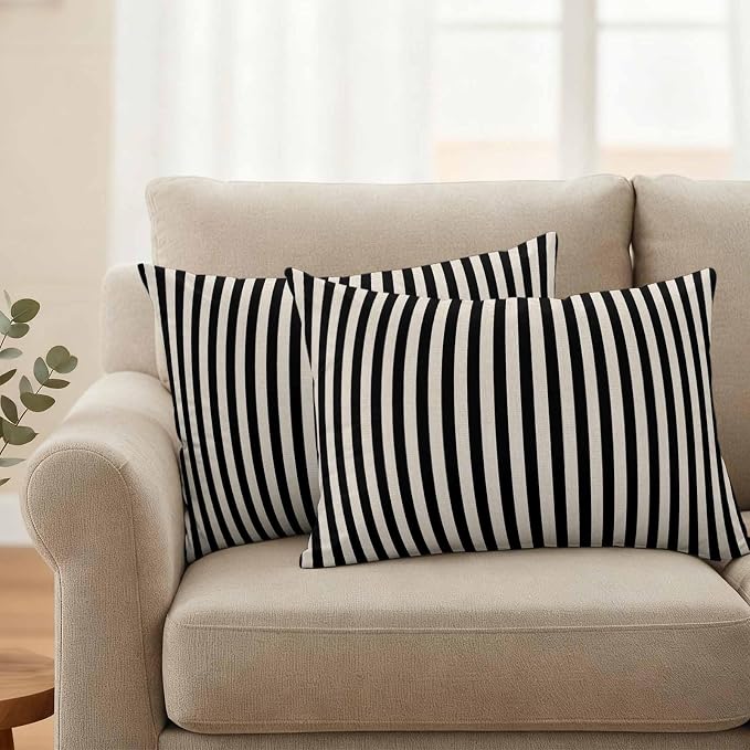 Black Beige Stripe Outdoor Pillow Covers Set of 2 Vintage Abstract Classic Minimalist Vertical Striped Waterproof Throw Pillow Cover Decorative Cushion Cases for Patio Porch Garden 20X12 Inch