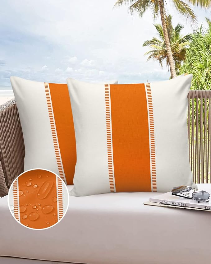 Outdoor Waterproof Throw Pillow Covers 16 x 16 Inches Set of 2 Orange White Stripes Minimalist Simple Pattern Decorative Cushion Cover Pillowcase for Garden Patio Tent Beach Livingroom Sofa Couch