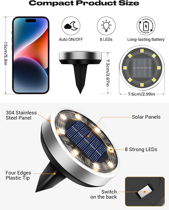 btfarm 12 Pack Solar Lights Outdoor, 8 LED Solar Ground Lights IP65 Waterproof Flat Solar Disc Light, Pathway Lights for Garden Lawn Patio Yard Path Landscape, Warm White