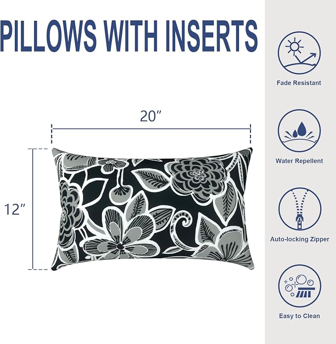 Outdoor Lumbar Pillows, Water Repellent Cushion Pillows 12x20 Inch, Outdoor Pillows with Inserts for Home Garden, Pack of 2, Flower Black