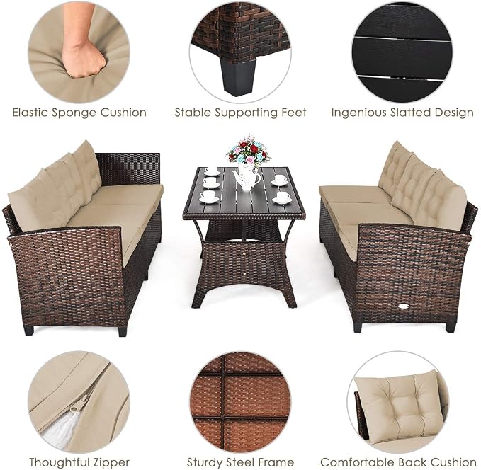 HAPPYGRILL 3 Pieces Wicker Patio Conversation Set, Outdoor Rattan Sofa Set with Cushions, Patio Furniture Set with Coffee Table for Patio Garden Lawn Poolside and Backyard