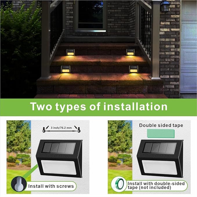 Solar Lights for Steps Decks Pathway Yard Stairs Fences, LED lamp, Rainproof, Black Metal Housing, 2 Pack(Warm Light) | Soft warm non-glare LED lamp, sturdy stainless steel casing with black coating, for deck, step, fence, pathway, Rainproof