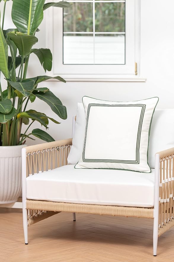 Hofdeco Premium Coastal Patio Indoor Outdoor Pillow Cover Only, 20"x20" Water Resistant for Backyard, Couch, Green Embroidered Square Line
