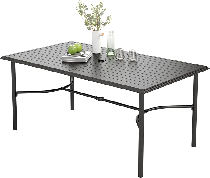 MIXPATIO Outdoor Patio Dining Table for 6, 67" x 38" Rectangular Metal Patio Dining Table with Umbrella Hole for Garden, Backyard and Porch