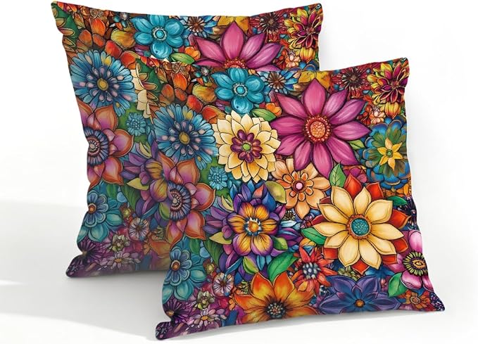 18x18 Inch Outdoor Pillow Covers Set of 2 Waterproof Throw Pillow Covers Decorative Couch Cushion Covers Bright Floral Mandala Square Pillowcases Protectors for Patio Garden Sofa