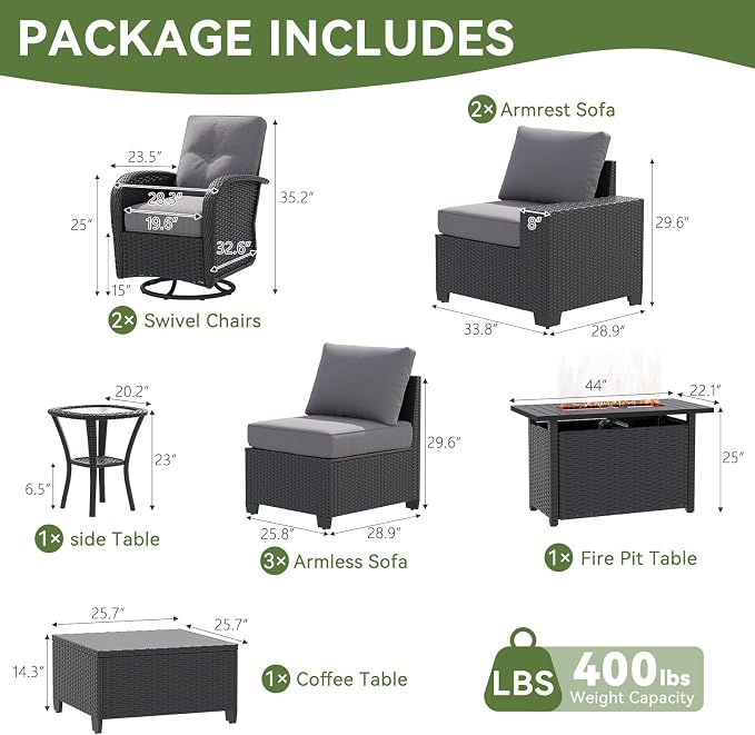 LazySunsets 10 PCS Patio Furniture Set with 44'' Fire Pit Table, Outdoor Sectional All-Weather Wicker Conversation Set with Swivel Rocker Chairs, 4'' Thick Cushions for Backyard Poolside(Crey/Black)