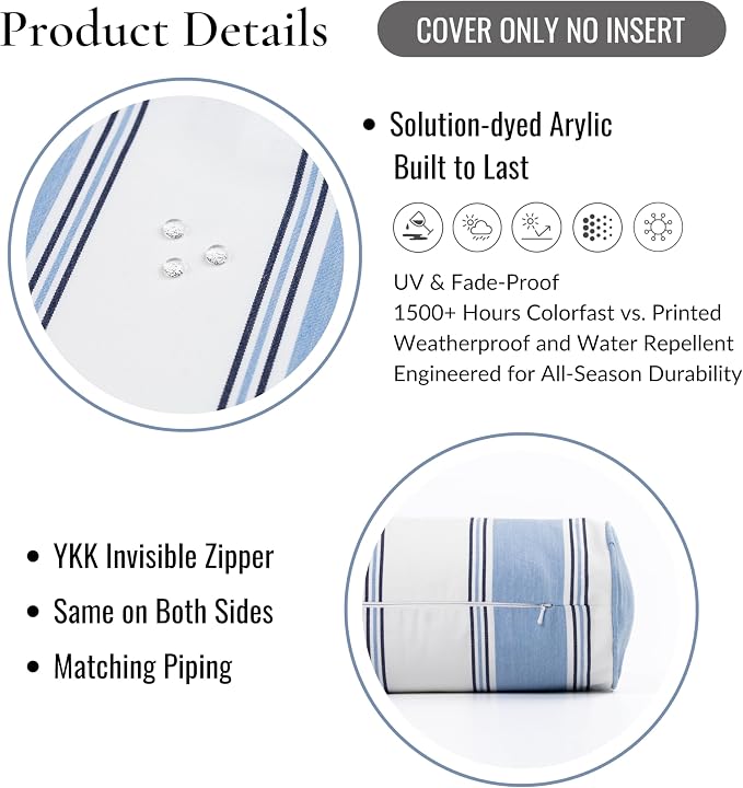 Hofdeco Premium Coastal Hampton Outdoor Performance Bolster Pillow Cover Only, 6"x20" Water Repellent, UV and Fade Resistant for Backyard, Couch, Poolside, Azure Blue Indigo Woven Harbor Stripes
