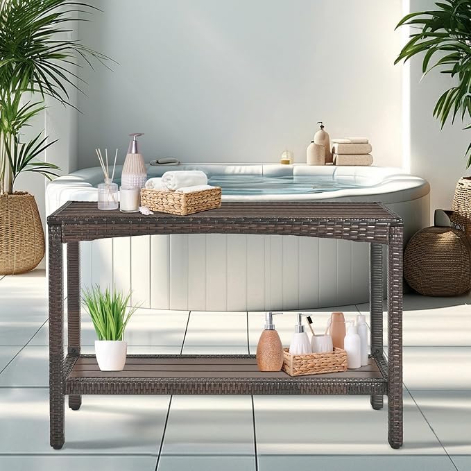 Outdoor Console Table Patio Buffet Bar Storage Organizer 55" Long Wicker Sofa Serving Sideboard Table 2-Shelf Outdoor Narrow Bar Table Tall Rectangle with Adjustable Feet for Entryway Brown