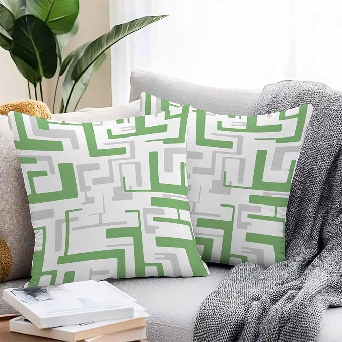 Vandarllin Outdoor Throw Pillows Covers 26x26 inch Set of 2 Waterproof Green Geometric Stripes Decorative Zippered Cushion Covers for Patio Furniture, Modern Abstract Lines Lumbar Pillowcases