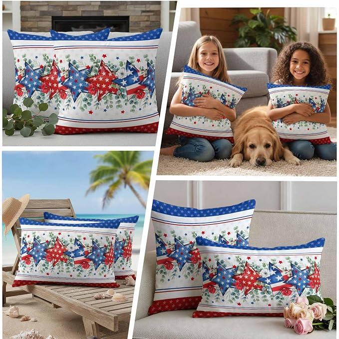 Independence Day Star Outdoor Pillow Covers 18"x18" Set of 2, Waterproof Throw Pillow Covers for Patio Furniture, Farm Red Blue White Star Eucalyptus Leaves Decorative Cushion Covers for Porch