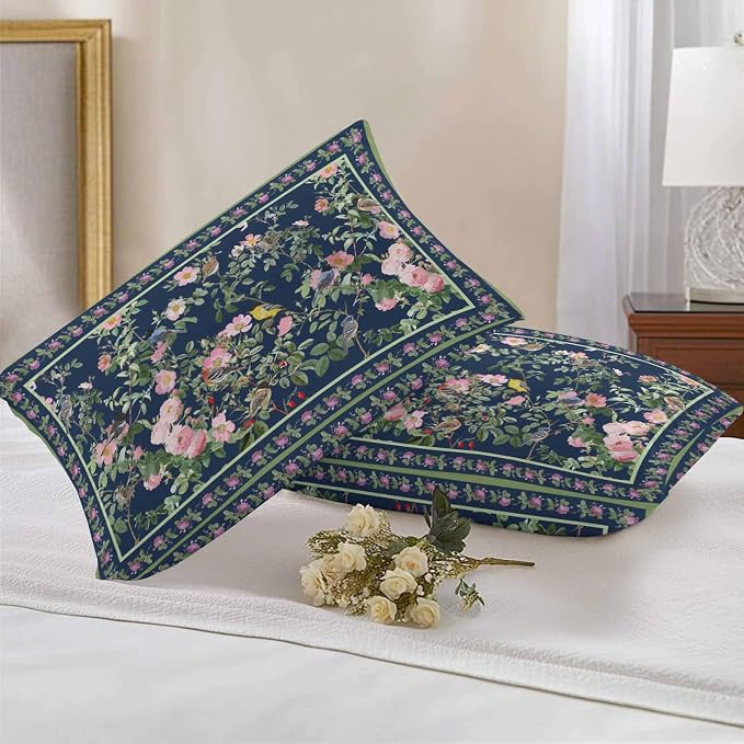 Vandarllin Outdoor Throw Pillows Covers 20x12 inch Set of 2 Waterproof Pink Floral Bird Decorative Zippered Cushion Covers for Patio Furniture, Green Leaves Branches Navy Blue Lumbar Pillowcases
