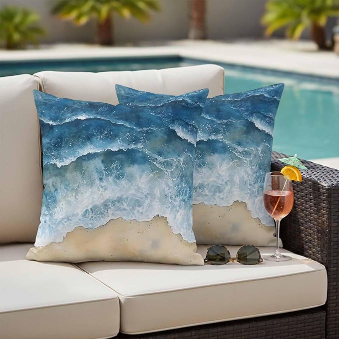Abstract Waves Outdoor Waterproof Throw Pillow Covers Set of 2, 16"x16", Blue Ocean Spray Beach Watercolor Decorative Pillow Covers Outside Cushion Case for Patio Porch Garden