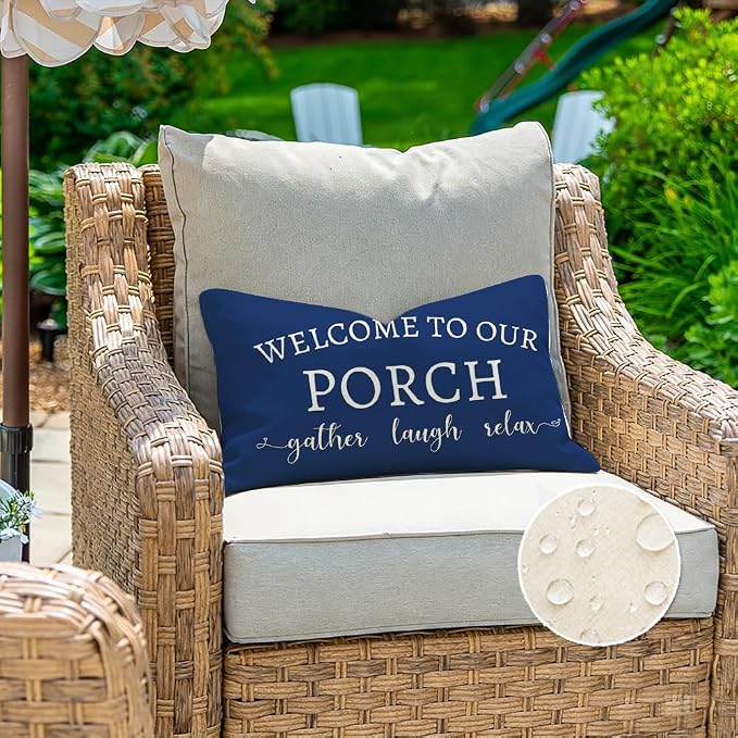 RABUSOFA Welcome to Our Porch Decor Outdoor Pillow Covers Waterproof,12x20 Set of 2 Blue and Cream Stay Awhile Relax Lumbar Cushion Case Decorations for Patio Couch (Blue)