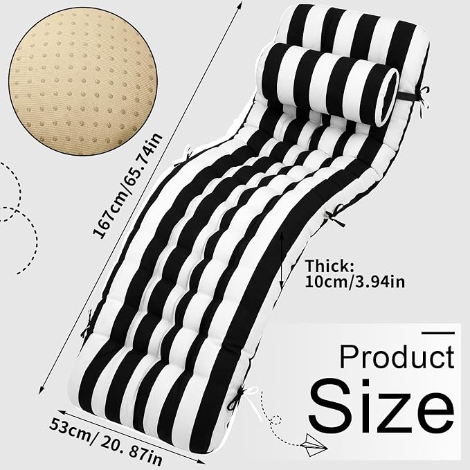 Tudomro Outdoor Chaise Lounge Cushion 66x21x4'' Waterproof & Fade-Resistant Patio Pool Chaise Lounge Cushion Headrest Pillow Tie Replacement Rocking High Back Chair(Black, White Stripe,1 Pcs)