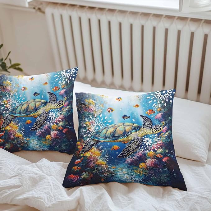 Turtle Waterproof Outdoor Pillow Covers Set of 2 Home Decor, Ocean Fish Coral Underwater World Cartoon Pillowcase Patio Pillow Covers for Couch Bench Furniture Garden 16x16in