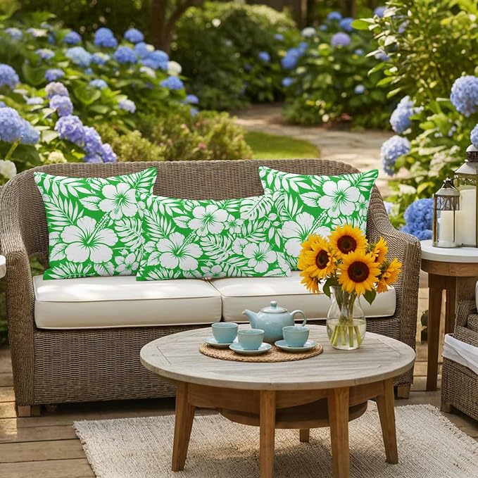 Green Hibiscus Flowers Waterproof Outdoor Pillow Covers Set of 2 Home Decor, Tropical Monstera Leaves Pillowcase Patio Pillow Covers for Couch Bench Patio Furniture Garden 24x24in