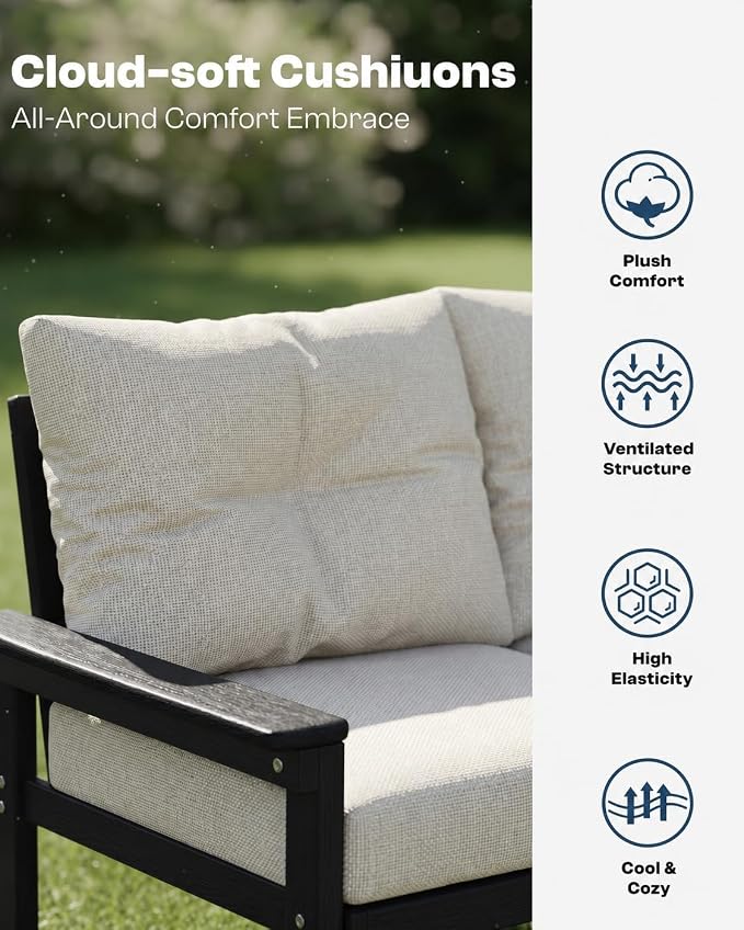 3 Piece HDPE Outdoor Patio Furniture Set, All-Weather 2 Armchairs with Side Table, Patio Conversation Set with Beige Washable Thick Cushion for Balcony,Porch (Black Frame)