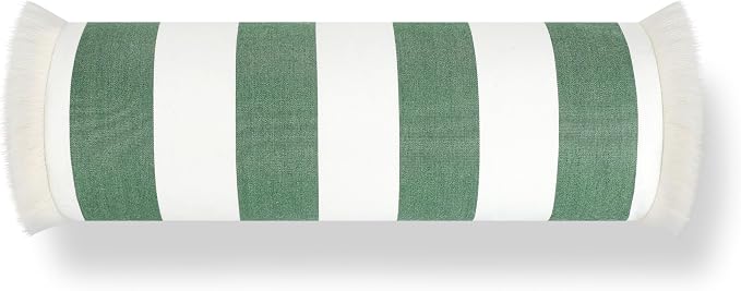 Hofdeco Premium Coastal Hampton Outdoor Performance Bolster Pillow Cover Only, 6"x20" Water Repellent, UV and Fade Resistant for Backyard, Couch, Poolside, Green Woven Beach Stripes