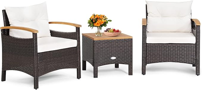 HAPPYGRILL 3-Piece Patio Furniture Set Outdoor PE Rattan Bistro Set with Coffee Table, Soft Seat Cushions & Throw Pillows, Acacia Wood Conversation Set for Patio Courtyard Poolside