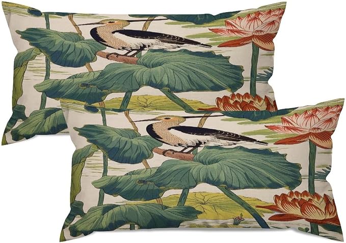 Set of 2 Chinese Pond Bird Decorative Throw Pillow Covers 12x24in Farmhouse Rectangle Accent Pillow Cases Cushion Cover Cases for Sofa Chair Bedroom Home Decor