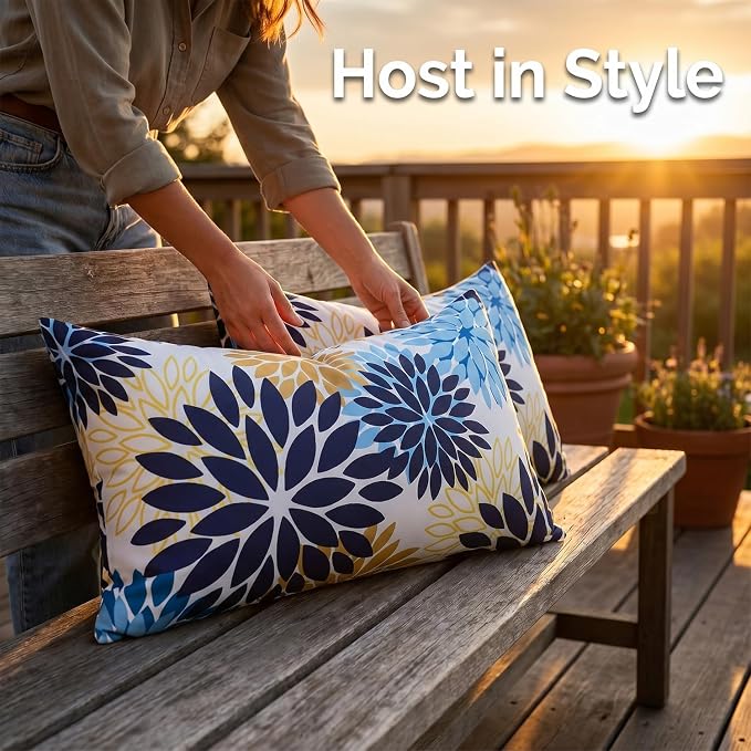 Dahlia Throw Pillow Covers 12x20 Inch Set of 2 Outdoor Pillows Waterproof Cushion Covers Decorative Pillowcases Blue and Yellow Square for Living Room Patio Garden Funiture