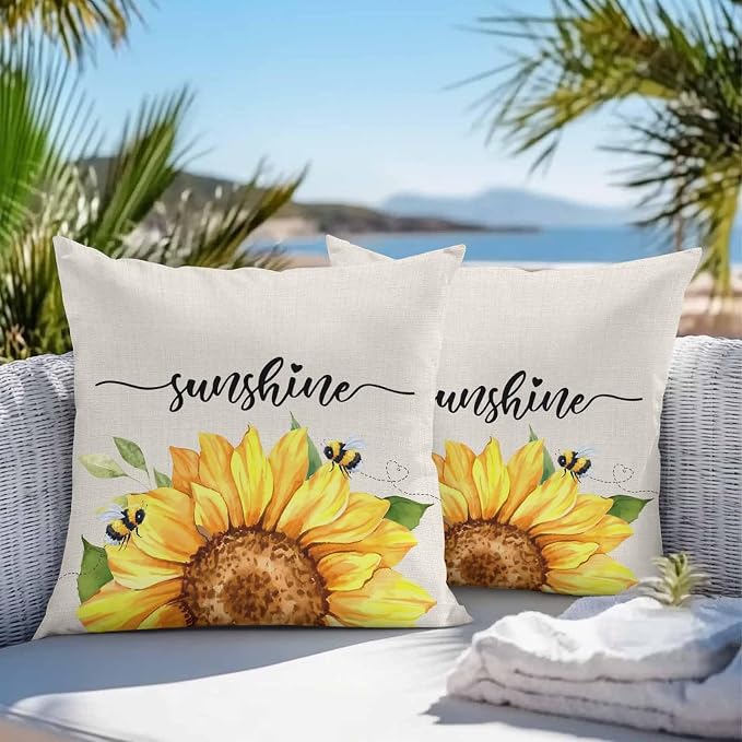 Vintage Yellow Sunflower Bee Outdoor Throw Pillow Covers Set of 2,Decorative Waterproof Pillowcase, Rustic Botanical on Linen Cushion Case for Patio Garden Couch Sofa Tent Bed 18x18 Inches