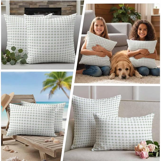 Palm Trees Outdoor Pillow Covers 16"x16" Set of 2, Summer Vintage Nautical Coastal Beach Ocean Green Tree Waterproof Throw Pillow Covers for Patio Furniture, Decorative Cushion Covers for Porch