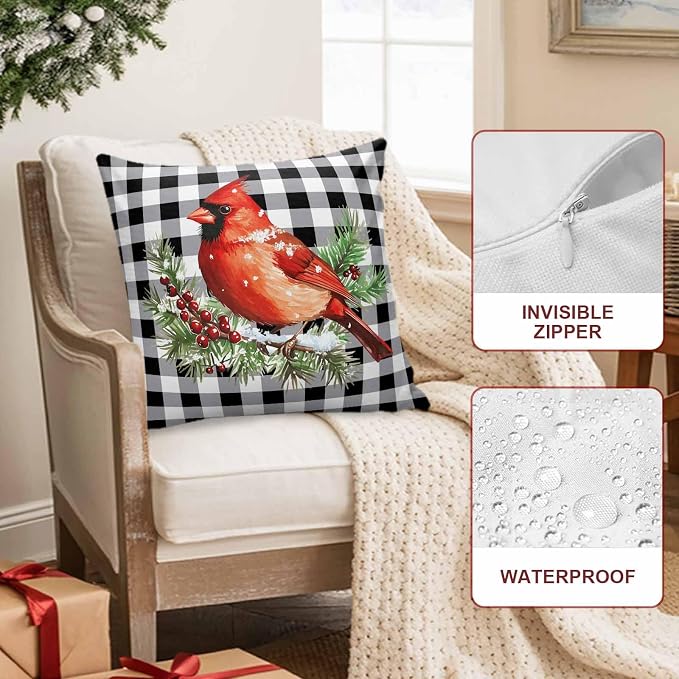 Vandarllin Christmas Outdoor Throw Pillows Covers 18X18 Set of 2 Waterproof Red Cardinals Decorative Zippered Lumbar Cushion Covers for Patio Furniture, White Black Buffalo Check Plaid