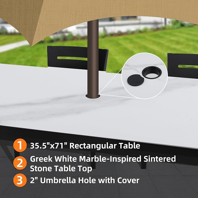 7PC Aluminum Outdoor Patio Dining Set, 71”Rectangular Dining Table with White Marble Pattern Sintered Stone Top and 6 Cushioned Swivel Rockers, All-Weather Patio Furniture