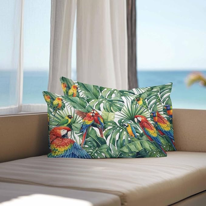 Pack of 2 Waterproof Outdoor Pillow Covers 20x12 Inch Decorative Pillow Covers Tropical Plants Throw Pillowcases Summer Rustic Monstera Palm Leaves Birds Green Outdoor Cushion Cover for Couch, Patio