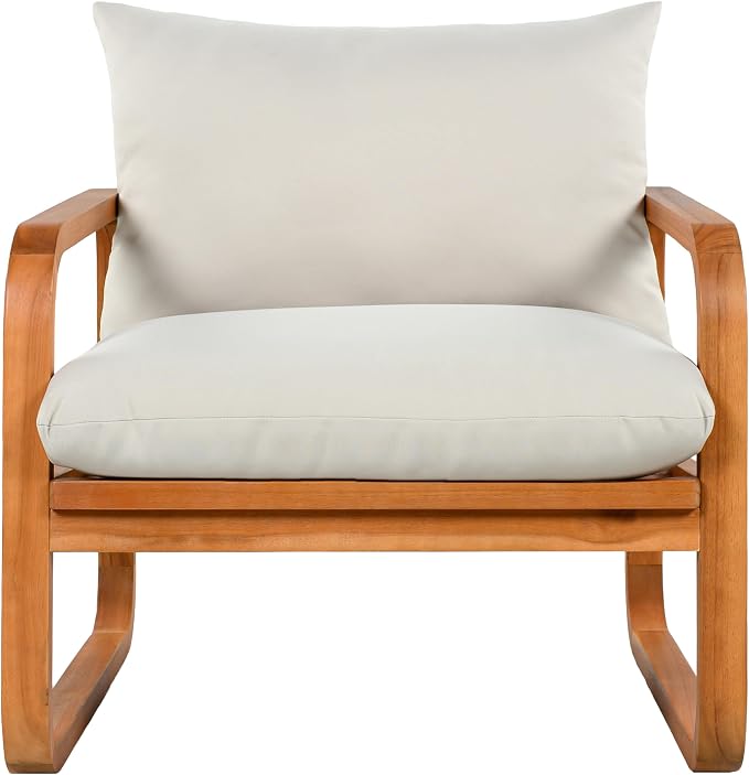 Merax Outdoor 4-Piece Acacia Wood Conversation Set - Patio 2-Seat Loveseat Sofa w/Cushion, 2 Armchair and Square Coffee Table for Backyard, Lawn, Balcony, Beige + Natural