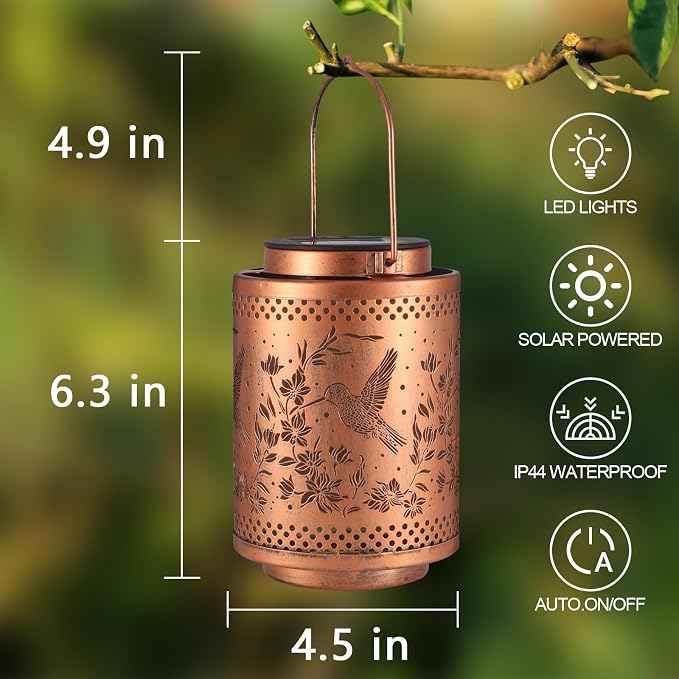 2 Pack Hummingbird Solar Lanterns Garden Decor Birthday Gifts for Women | Metal Hanging Solar Lights Waterproof Outdoor Decoration for Outside LED Lanterns for Yard Gifts for Mon Grandma