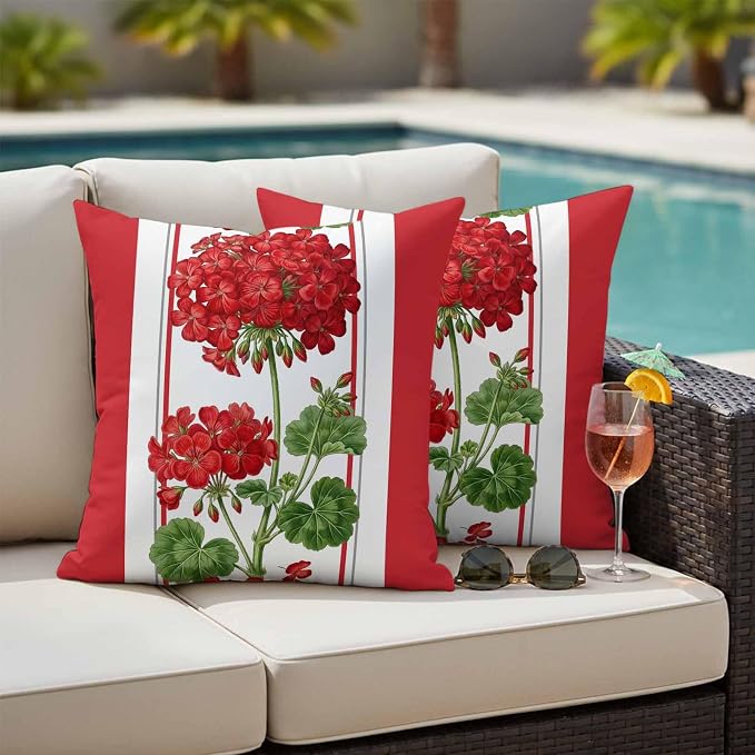 Outdoor Waterproof Pillow Covers Spring Summer Flowers Geranium Decorative Throw Pillow Protectors,Red Geometric Striped Pillowcase Cushion Cases for Patio Sofa Garden Couch,16x16in,Pack of 2