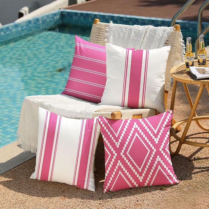 DFXSZ Outdoor Hot Pink Waterproof Geometry Pillow Covers 20x20 Set of 4 | Summer Waterproof Modern Throw Pillowcases（No Inserts） Outdoor Decor for valentines Patio Funiture Garden Polyester Covers