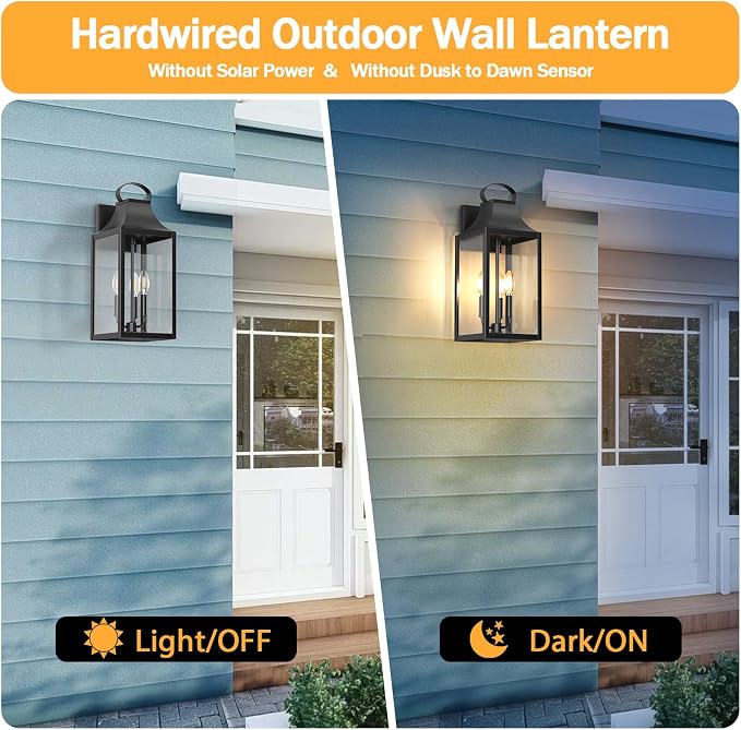 20" Extra Large Outdoor Wall Light, Black Exterior Lighting Fixtures | Waterproof Wall Mount Porch Lantern with 3-Light, Modern Outside Wall Sconce Garage Coach Light with Clear Glass, 1 Pack