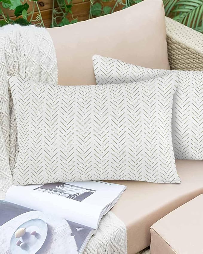 Sage Green Striped Outdoor Pillow Covers Waterproof,All Weather Cushion Case Set of 2 Lumbar Pillowcase for Sofa Couch Bed Decor Patio Furniture 20"x12" White Geometric Minimalist Boho Striped