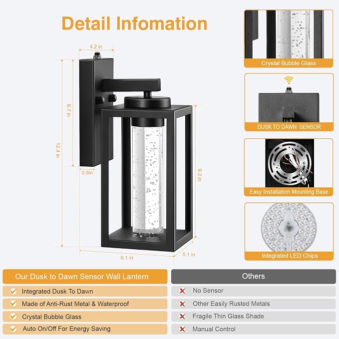 VIANIS Black Outdoor Wall Sconce, Dusk Dawn Exterior Lighting Wall Mount House with Crystal Bubble Glass, Waterproof Modern Outdoor Light Fixture Front Porch, LED Coach Lights for Garage Lantern