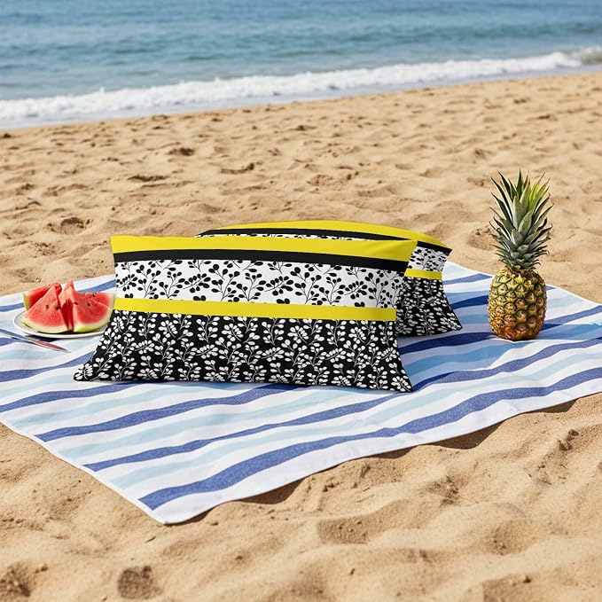 Black Yellow Outdoor Pillow Covers 20x12 Inch Lumbar Pillow Covers Set of 2 Waterproof Decorative Throw Pillow Cases Floral Stripe Aesthetic Flower Boho Cushion Covers for Patio Furniture