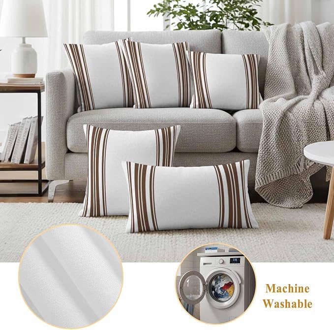 Outdoor Waterproof Throw Pillow Covers Set of 2 Brown Stripes Pillowcases 16x16 Inches White Vertical Striped Decorative Pillows Cushion Case Patio Pillows for Couch Bed Chair Garden
