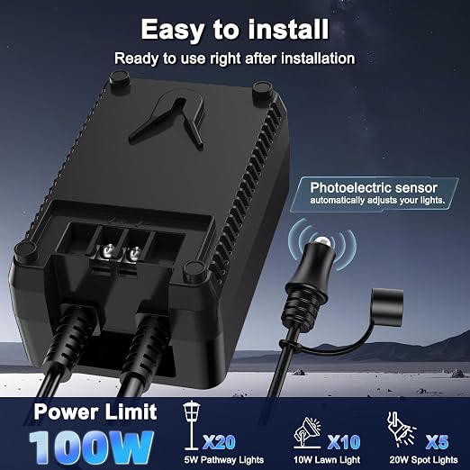 Vansdon 100W Low Voltage Landscape Transformer,Weatherproof Landscape Light Transformer, 120V AC to 12V DC, Outdoor Lighting Transformers with Timer and Photocell Sensor for Pathway Lights